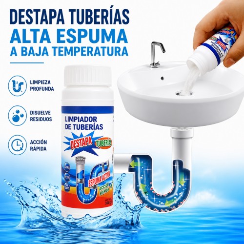 Polvo destapacaños de 100g ideal para limpiar y destapar tuberías. Uso en cocina o baño. Venta por mayoreo