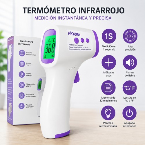 Termómetro infrarrojo digital sin contacto, ideal para bebés y adultos. Lectura rápida, pantalla LCD. Venta por mayoreo 34142-99
