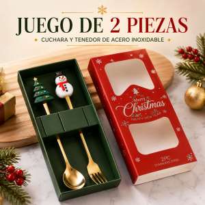 Juego navideño de 2 piezas con cuchara y tenedor de acero inoxidable, ideal para regalo y decoración de mesa. Venta por mayoreo