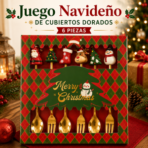 Juego navideño de 6 piezas con cuchara y tenedor de acero inoxidable dorado, ideal para regalo y mesa de Navidad. Venta por mayoreo