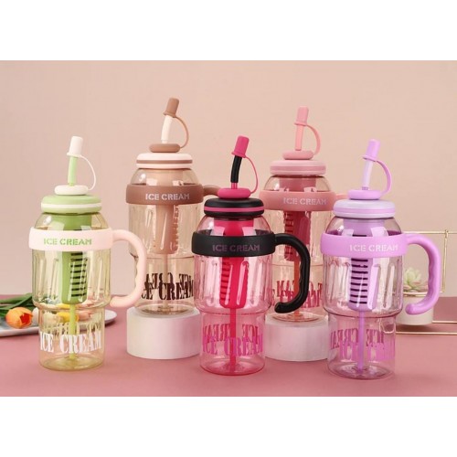 Vaso con tapa y popote estilo Ice Cream, colores surtidos con asa ideal para bebidas 1 litro por mayoreo 3475