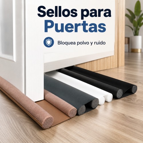 Sello inferior para puerta en colores negro, gris y café, diseñado para reducir corrientes de aire y mejorar el aislamiento en interiores. Venta por mayoreo