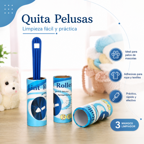 Quita pelusas con 3 mangos y rollo adhesivo, ideal para retirar pelo de mascotas de ropa y superficies textiles. Práctico para hogar y negocio. Venta por mayoreo Quita pelusas con 3 mangos y rollo adhesivo, ideal para retirar pelo de mascotas de ropa y superficies textiles. Práctico para hogar y negocio. Venta por mayoreo