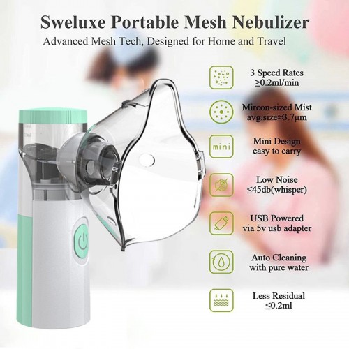 Nebulizador portátil ultrasónico ideal para terapia respiratoria. Atomizador silencioso, ligero y recargable. Incluye mascarilla grande y pequeña. Perfecto para adultos y niños. Fácil de usar en casa o de viaje. Venta por mayoreo 35065-11