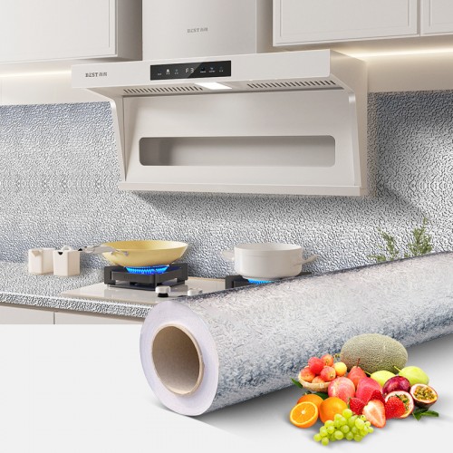 Papel de contacto adhesivo plateado tipo acero inoxidable, resistente al agua, calor y aceite. 60cm*10m Ideal para renovar paredes, salpicaduras, encimeras o gabinetes de cocina. Venta por mayoreo 35202-2