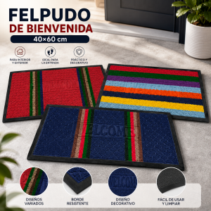Tapete de bienvenida 40x60 cm para interior y exterior, diseños a color con borde negro, ideal para entradas de hogar y negocio. Venta por mayoreo