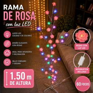 Rama de rosa decorativa con luz LED, 60 focos y 1.50 m de altura, ideal para interiores y decoración de espacios. Venta por mayoreo