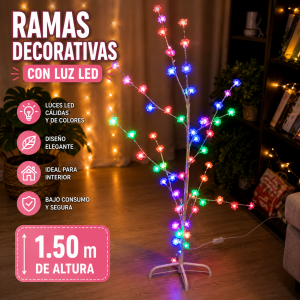 Ramas decorativas con 40 focos LED multicolor y altura de 1.50 m, ideales para decorar interiores y crear ambientes llamativos. Venta por mayoreo