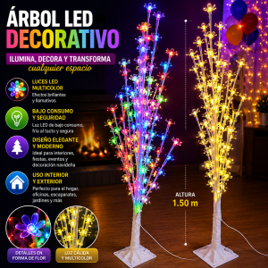 Árbol LED decorativo de 1.50 m con luces en forma de flor, ideal para decorar interiores, fiestas y eventos. Venta por mayoreo
