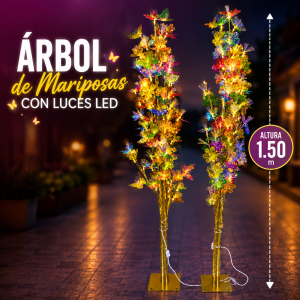 Árbol decorativo de mariposas con luces LED cálidas y multicolor de 1.50 m, ideal para decorar interiores, fiestas y eventos. Venta por mayoreo