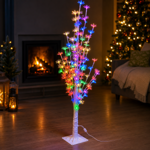 Árbol LED multicolor de 1.50 m con luces decorativas en forma de flor y conector eléctrico, ideal para hogar, fiestas y decoración navideña. Venta por mayoreo