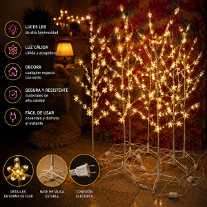 Árbol decorativo con 40 luces LED cálidas, detalles en forma de flor y altura de 1.50 m, ideal para ambientar interiores y espacios decorativos. Venta por mayoreo