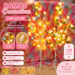 Ramas decorativas con luz LED cálida de 1.50 m, ideales para ambientar salas, recámaras, eventos y espacios especiales. Venta por mayoreo