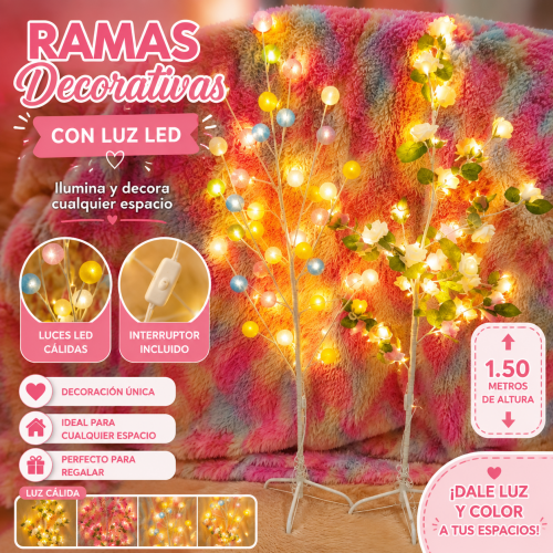 Ramas decorativas con luz LED cálida de 1.50 m, ideales para ambientar salas, recámaras, eventos y espacios especiales. Venta por mayoreo