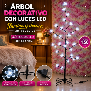 Árbol decorativo de 1.50 m con 40 focos LED de luz blanca y detalles en forma de flor, ideal para iluminar y decorar espacios interiores. Venta por mayoreo