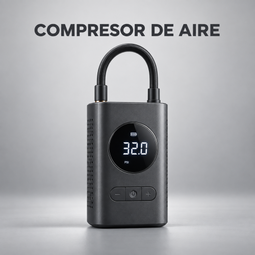 Compresor de aire portátil con pantalla digital y lectura visible en PSI, ideal para inflado de neumáticos. Venta por mayoreo
