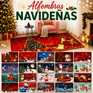 Alfombras navideñas de 40 x 60 cm en diseños variados, ideales para decorar sala, recámara, oficina y otros espacios. Venta por mayoreo