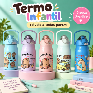 Termo infantil de 1 litros con diseños de capibara y varios colores, ideal para llevar bebidas en actividades diarias. Venta por mayoreo