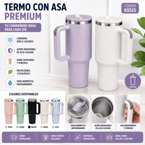Termo Térmico de 40 Onzas con Asa Premium de Acero Inoxidable por Mayoreo