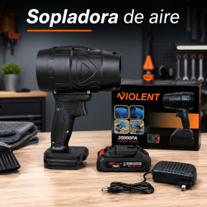 Sopladora de aire tipo pistola con batería 48V Li-ion, incluye cargador y caja. Ideal para limpieza rápida en hogar, oficina o taller. Venta por mayoreo