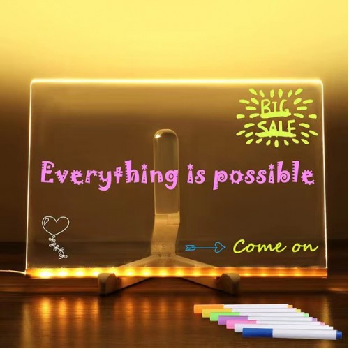 Pantalla de acrílico con luz led para dibujar. Incluye plumones fluorescentes y soportes, ideal para niños. Venta por mayoreo 3779