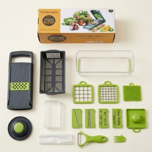Picador de verduras multifuncional de 16 piezas con diferentes accesorios de corte, ideal para preparación de alimentos. Venta por mayoreo