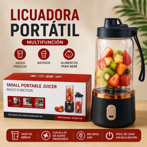 Licuadora portátil multifunción con vaso, tapa con correa, ideal para preparar bebidas y mezclas de uso personal. Venta por mayoreo