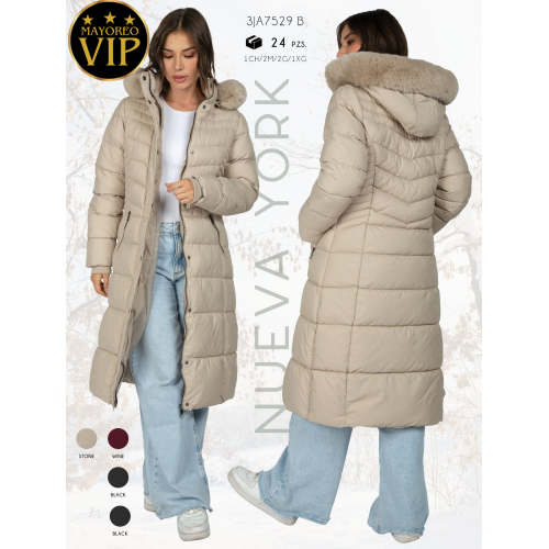 Chamarra larga estilo New York para mujer, acolchada y térmica, con gorro afelpado y detalles de lujo. Con Forro de Peluche.  Calidad PREMIUM Gorro Desmontable.  Venta al por mayor 3JA7529 B
