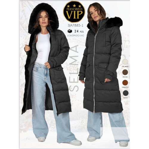 Chamarra larga acolchada para mujer modelo Selma con gorro y peluche | Abrigo térmico invierno 2025 estilo moderno Cálida  Premium Gorro desmontable.  Con forro de peluche.  Venta al por mayor 3JA7885-1