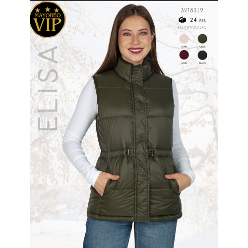 Chaleco acolchado para mujer  diseño térmico y ligero con ajuste en cintura y bolsillos frontales. Ideal para clima frío y outfits casuales. Con Forro de Peluche.  Calidad PREMIUM Venta al por mayor 3VT8319 