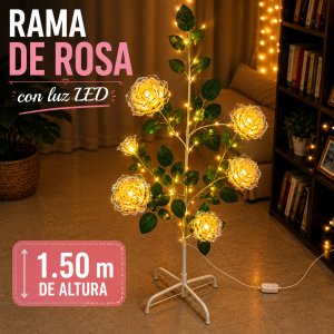 Rama de rosa decorativa con luz LED y 1.50 m de altura, ideal para ambientar interiores, salas, eventos y espacios especiales. Venta por mayoreo