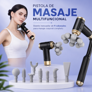 Pistola de masaje multifuncional con diseño de 9 cabezales, ideal para masaje corporal. Venta por mayoreo