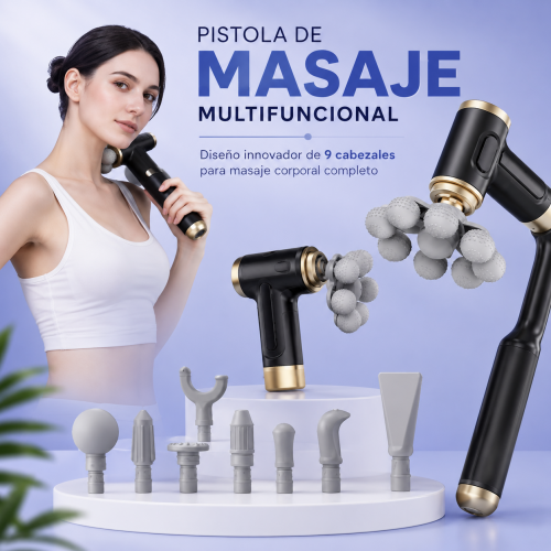 Pistola de masaje multifuncional con diseño de 9 cabezales, ideal para masaje corporal. Venta por mayoreo