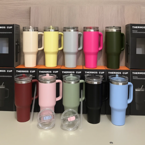 Termo con asa de 40 oz 1200 ml con tapa y popote, acero inoxidable, colores surtidos