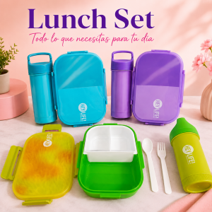 Set de lonchera con botella y cubiertos colores surtidos, ideal para llevar alimentos y bebidas. Venta por mayoreo