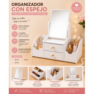 Organizador de Maquillaje con Espejo Giratorio y Cajones, Tocador Portátil de Escritorio para Cosméticos, Perfumes y Accesorios, Ideal para el Hogar o Regalo” 40*20*35cm, Por  Mayoreo 4225