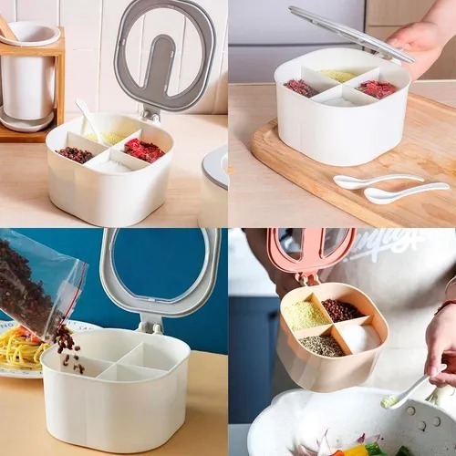 Topper organizador de 4 compartimentos. Ideal para almacenar especias, semillas, granos, azúcar, café, cereales u otros ingredientes. Incluye tapa. Venta por mayoreo 4317