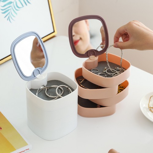 Organizador giratorio con compartimentos y espejo HD integrado. Ideal para guardar joyas, accesorios y maquillaje, mayoreo 4318