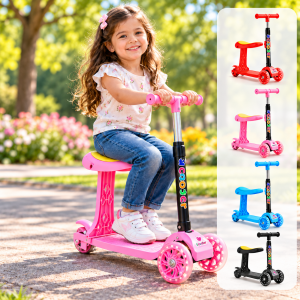Scooter infantil con asiento, manubrio ajustable y ruedas con luz, en colores variados rojo, rosa, azul y negro; ideal para niños. Venta por mayoreo