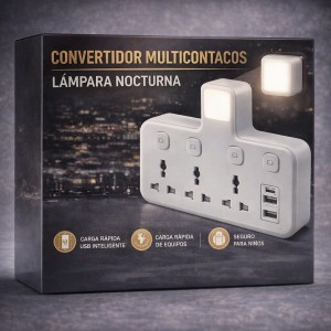 Convertidor Multicontactos con Lámpara Nocturna y USB Inteligente por Mayoreo 50032