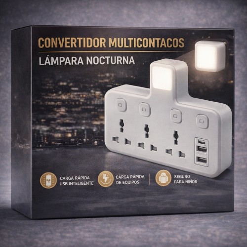Convertidor Multicontactos con Lámpara Nocturna y USB Inteligente por Mayoreo 50032