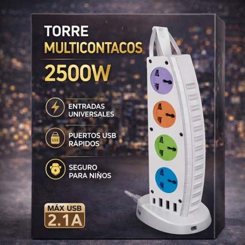 Torre Multicontactos 2500W con Puertos USB Rápidos por Mayoreo 50033