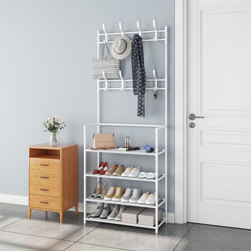 Estante organizador multifuncional para ropa y zapatos (4 niveles,doble perchero,plástico y aluminio) 60*155*26cm 