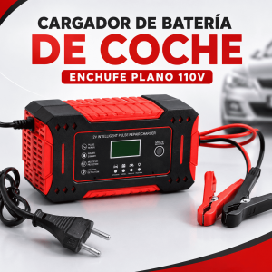 Cargador de batería para coche de 110V con cables y pinzas de conexión, ideal para carga de baterías automotrices. Venta por mayoreo