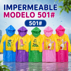 Impermeable infantil con capucha y diseños estampados. Ideal para días de lluvia. Venta por mayoreo