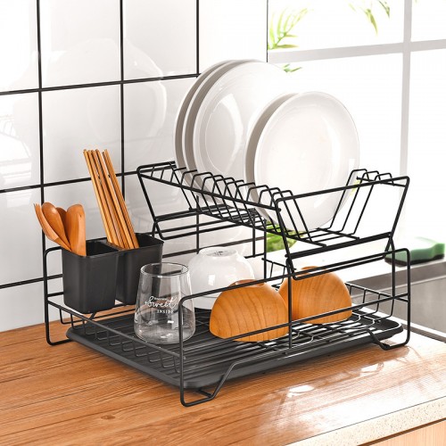 Escurridor de trastes 2 niveles de acero inoxidable con bandeja extraíble, organizador para platos y utensilios, ideal para encimera de cocina, venta por mayoreo 50335-3