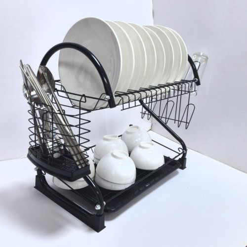 Escurridor de platos de 2 niveles con bandeja de goteo, soporte para utensilios y portavasos, estructura resistente para cocina, venta por mayoreo 50335-4