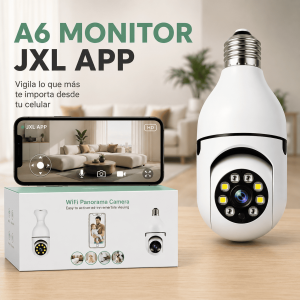 Cámara A6 Monitor JXL App con conexión WiFi y diseño panorámico, ideal para monitoreo de espacios desde el celular. Venta por mayoreo
