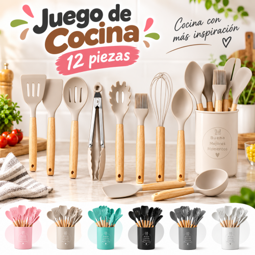 Set de cocina de 12 piezas grandes en silicona resistente al calor. Incluye cucharas, espátulas y más. Venta al por mayor 