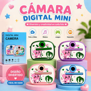 Cámara digital mini con diseño infantil y colores surtidos, ideal para fotografía y entretenimiento recreativo. Venta por mayoreo